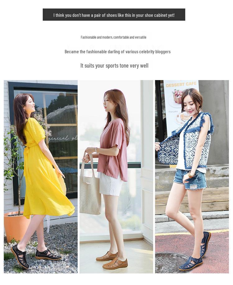 Summer Retro Handmade Cowhide Velcro Sandals with Soft Sole