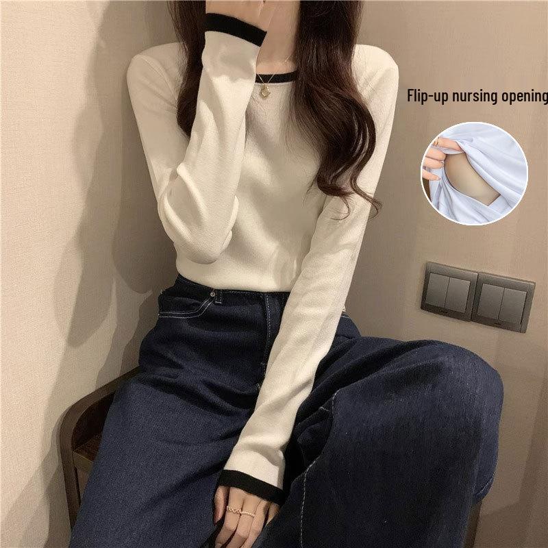 Spring Cotton Nursing T-Shirt: Postpartum Style Slimming Long Sleeve Color Block M