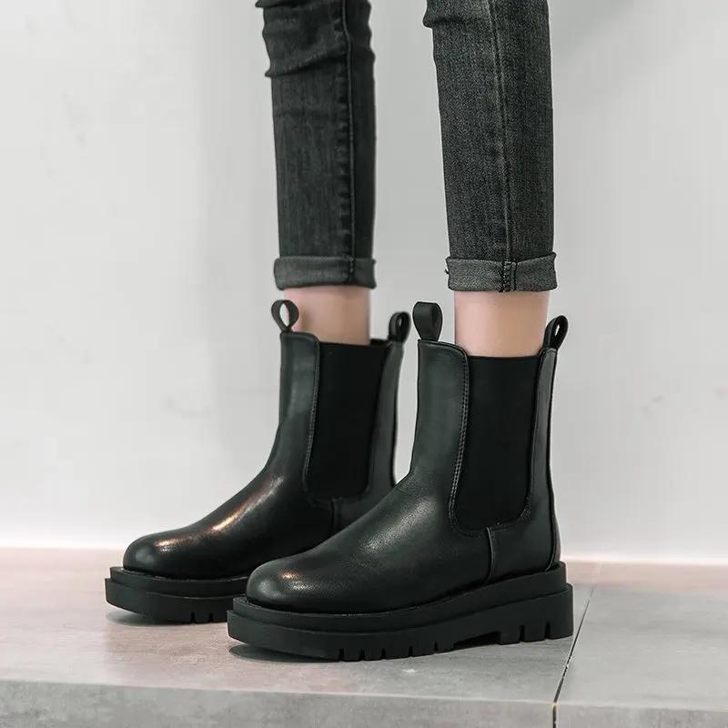 Dámské Chelsea Boots Jaro Nové Černá Střední Kotníková Plochá Platforma Dámské Boty Dámské All Match Klasické Stručné Módní Boty s kulatou špičkou