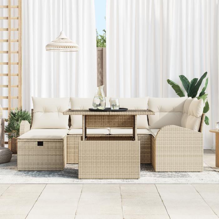 VidaXL Ensemble de Canapé de Jardin 7 Pièces avec Coussins Rattan Poly Beige 3359758