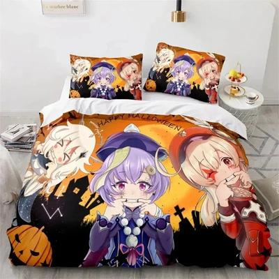 Housse de couette 3D Gaming Genshin Impact Cosplay Anime Ensemble de literie dessin animé Taille standard Lit King Housse de couette Housse d'oreiller Maison
