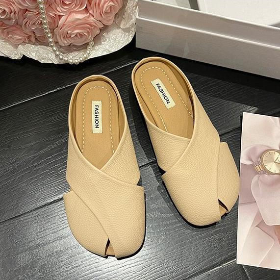 Baotou halvtøfler for sommer yttertøy for kvinner Nye gravide kvinners myk såle Strikket flatbunnet fiskmunn Muller sko franske kule tøfler