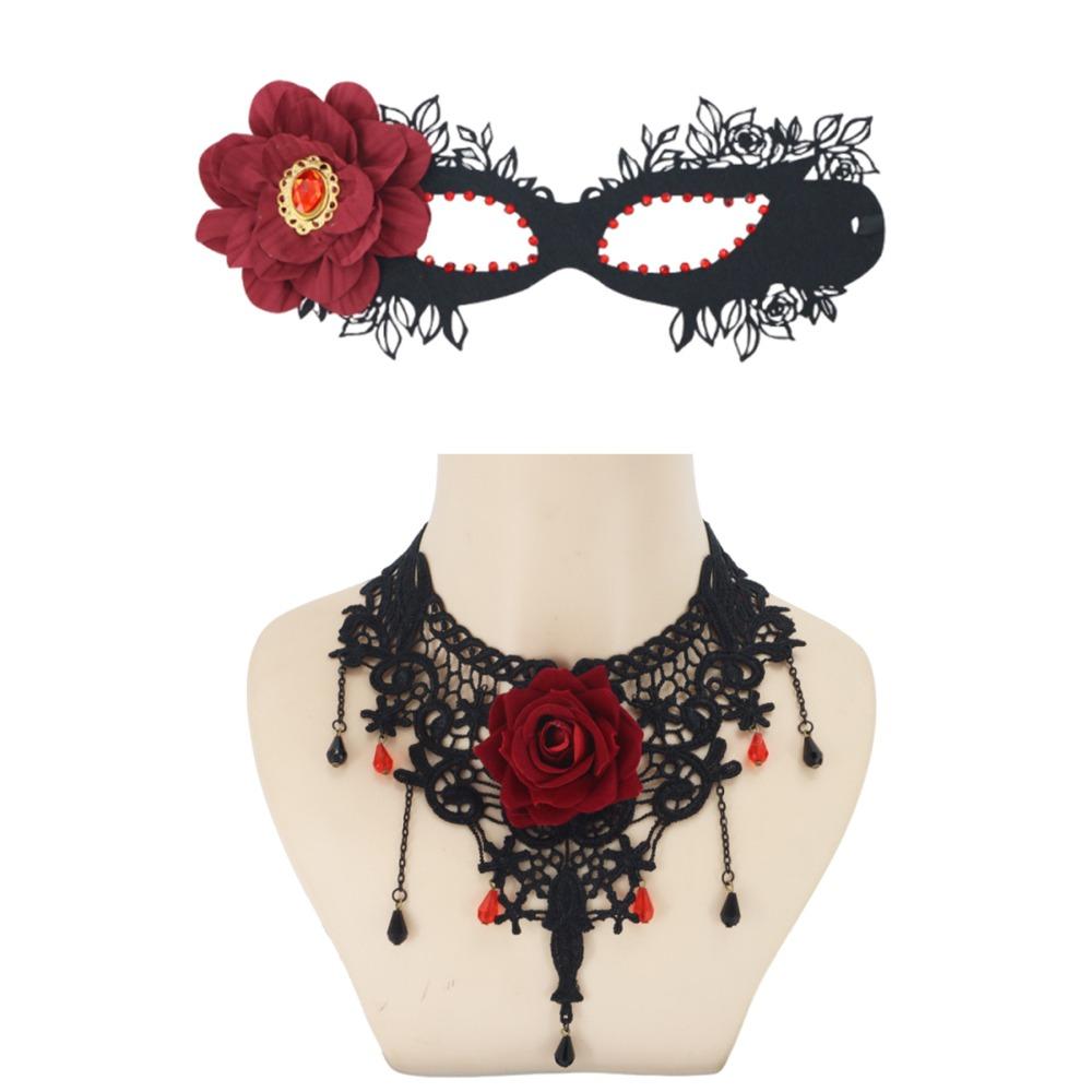 1 Set New Dark Gothic Gothic Style Jewelry Lace Tassel Gothic Choker Vintage Red Rose Half Face Mask Cosplay