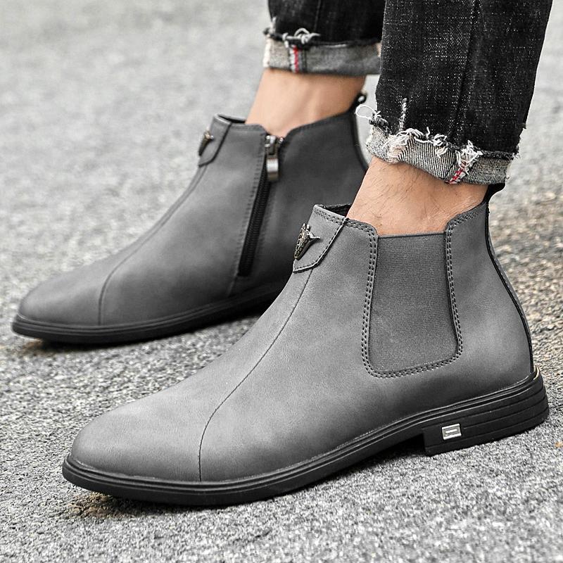 Fashion Winter Plush Warm Men Chelsea Boots Formal Business High Top Shoes British Style Ankle Boots Genuine Leather Male Business Shoes