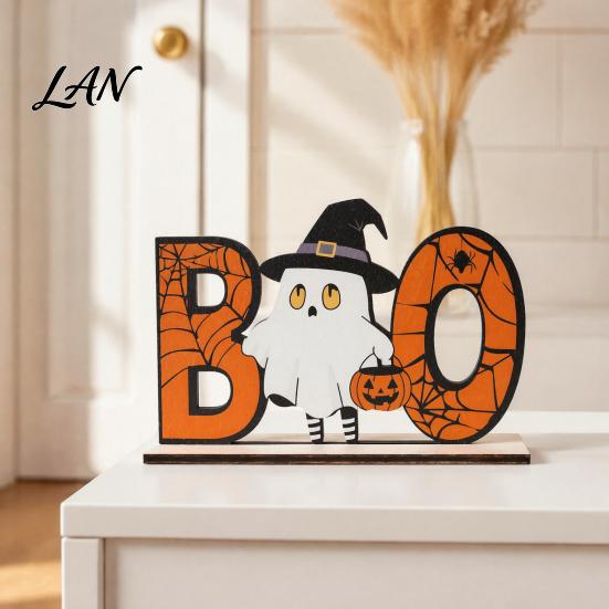 Halloween Home Festive Decor Wooden Table Sign, Cute Pumpkin Boo Ghost Centerpiece Tabletop for Indoor Mantel Fireplace Decorative Fall Sign