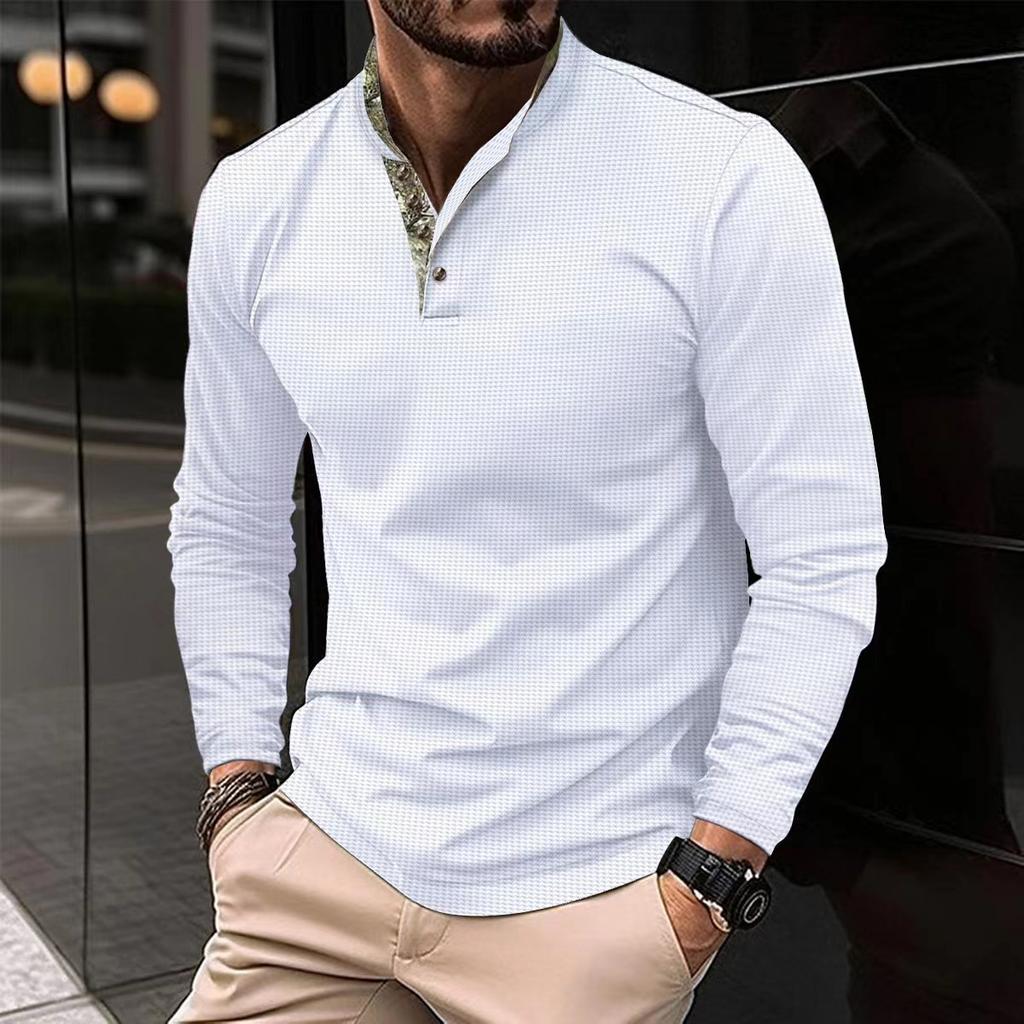 Men's Casual Stand Up Collar Spliced Long Sleeved Polo Shirt