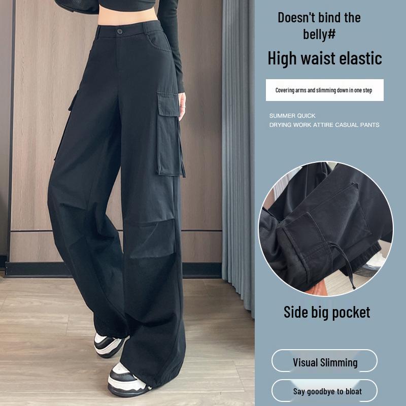 Women's High-Waisted Wide-Leg Cargo Pants with Convertible Pockets - Autumn Slimming Casual Wear