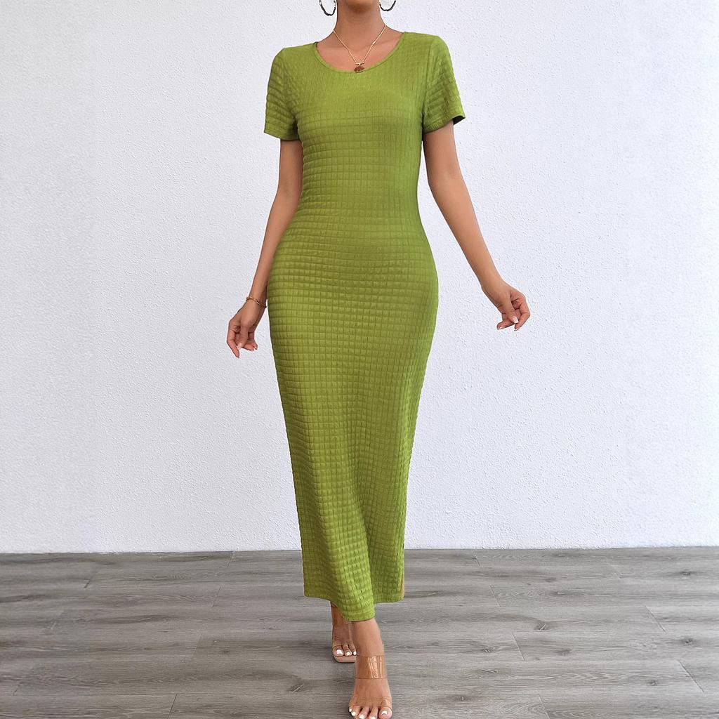 Spring and summer women's clothing new fashion casual solid color round neck slim dress women