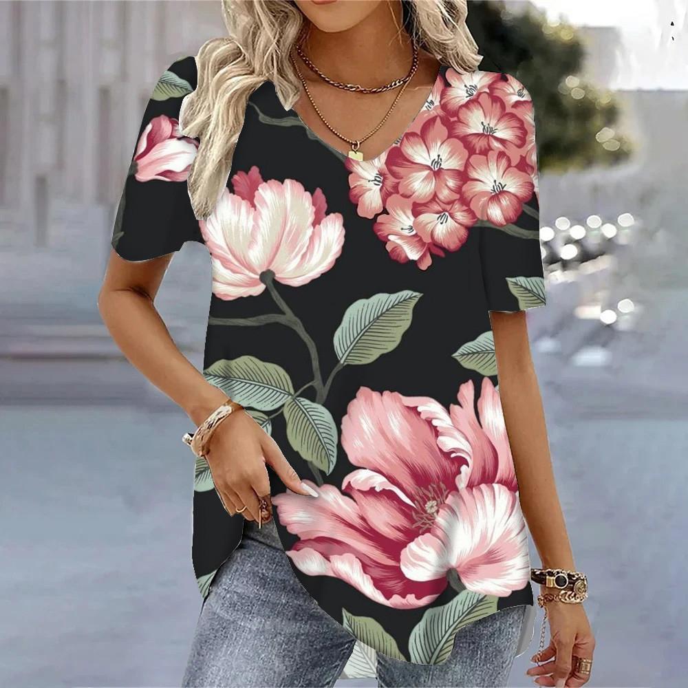 Women's T-shirt 3D Floral Pattern Printing Casual Short-sleeved V-neck Loose Top