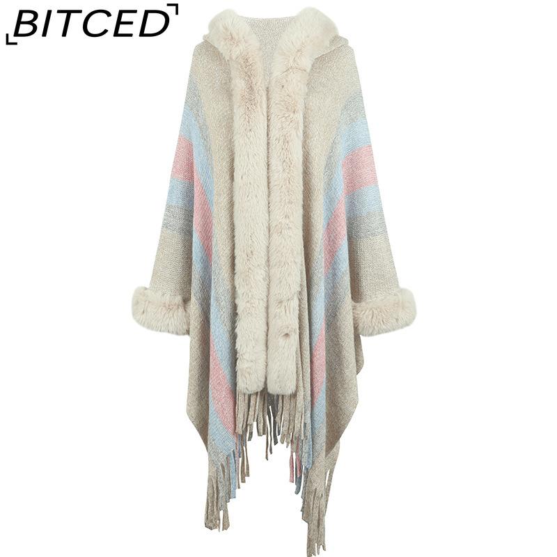 

BITCED Hooded Cape Women s Fall/Winter Striped Knit Fringe Shawl One size