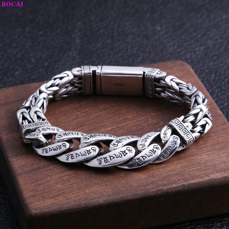 

100% S925 стерлингового серебра браслеты буддизм шесть символов истины плоская тайская серебряная цепочка на руку чистое серебро мужской браслет 22cm