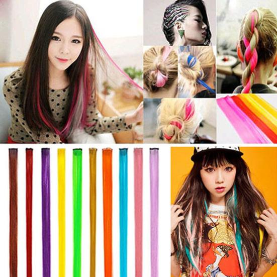 Women's Multi-Color Long Straight Synthetic Clip Extensions Piece In Hair