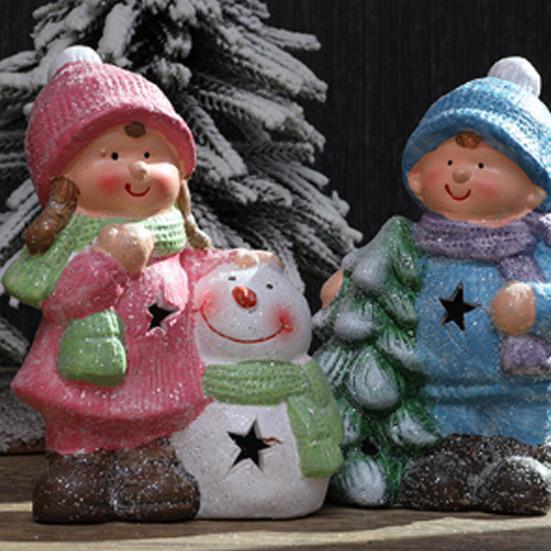Lighted Ceramic Christmas Figurine Cute Light Up Boy Girl Tree Snowman Statue for Holiday Winter Indoor Mantel Tabletop Fireplace Decor