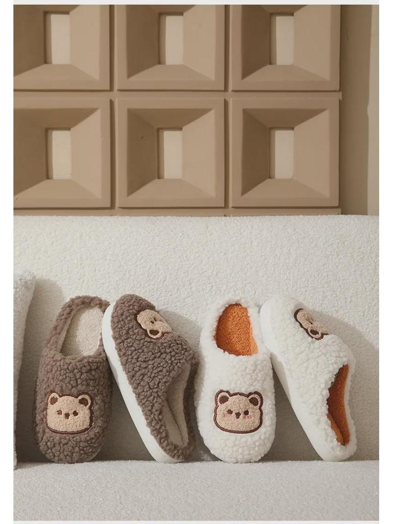 2024 Herbst/Winter Damen Cartoon Bär Baumwolle Plüsch Indoor Hausschuhe – Dicksohlig & Gemütlich