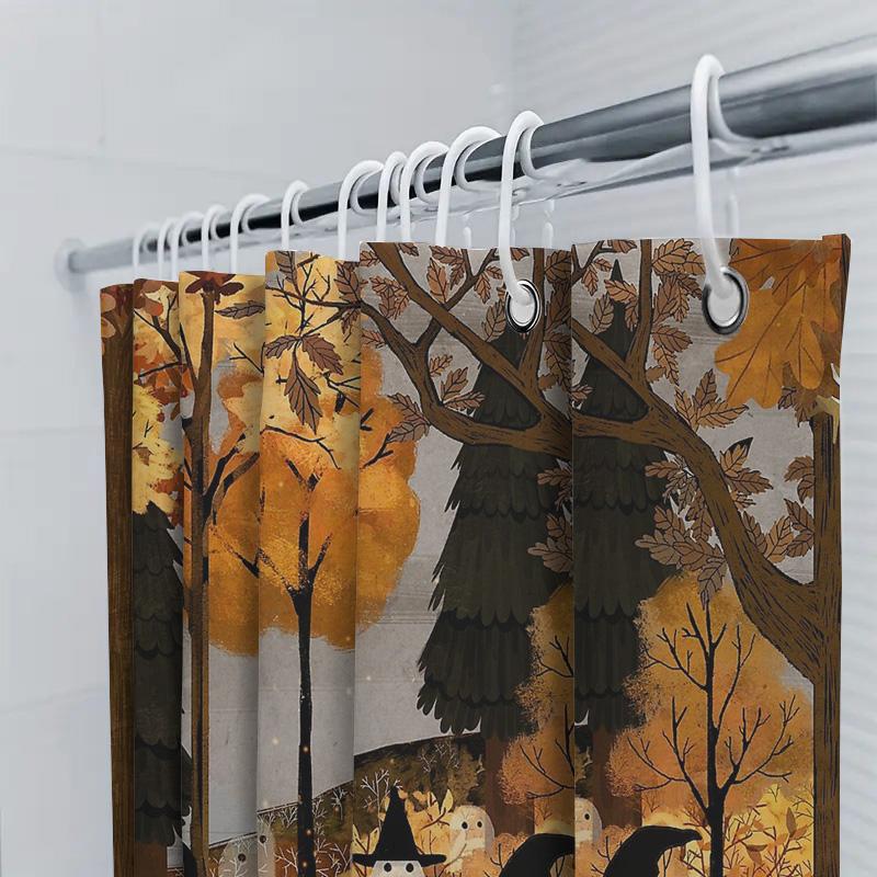 Spooky Halloween Shower Curtain Set Witch Forest Ghost Themed Bathroom Decor Gothic Horror Backdrop Vintage Halloween Party Supp