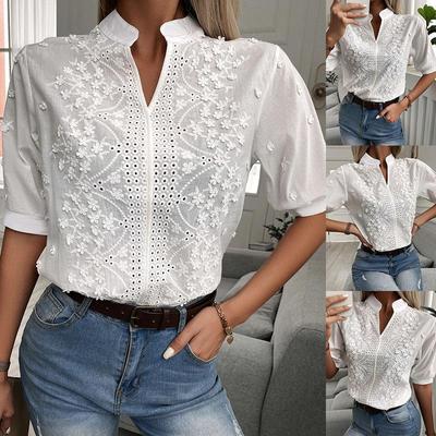 2023 Sommer Europäisches & Amerikanisches Damen V-Ausschnitt Stehkragen Bestickte Spitze Top Shirt