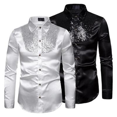 Camicia da uomo con paillettes, camicia da sposa metallizzata lucida, risvolto, manica lunga, abbottonata, tinta unita, vestibilità slim, top