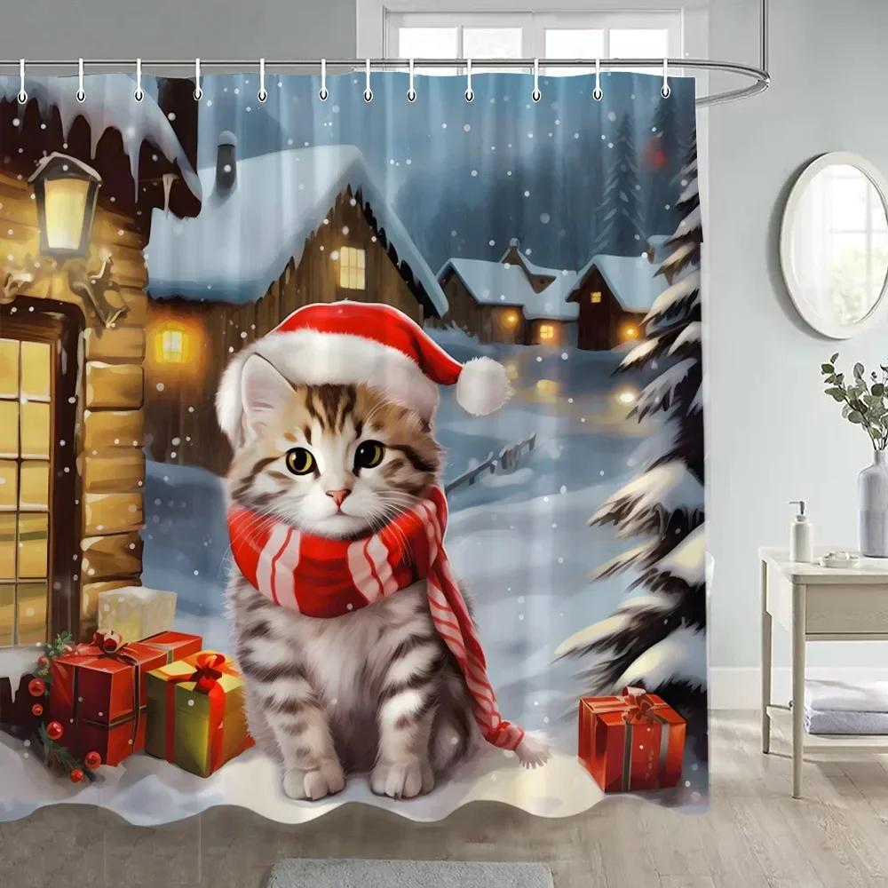 Cute Christmas Cats Shower Curtain Winter Xmas Tree Balls Gift Funny Animal Dog New Year Bathroom Curtains Fabric Home Decor Set