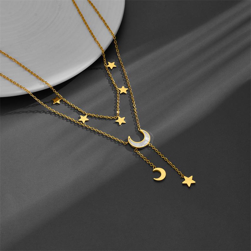 Double-Layer Star Moon Butterfly Tassel Necklace - Titanium Steel, White Shell Design for Women