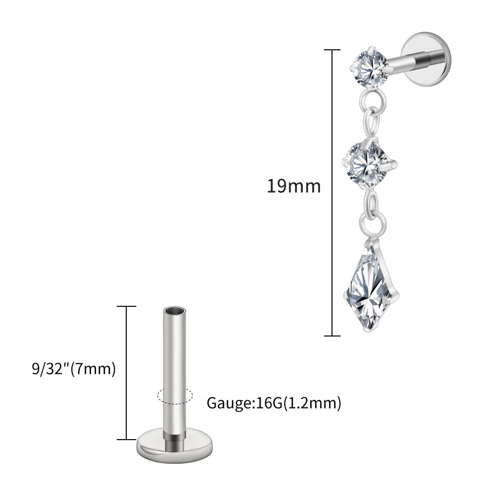 Right Grand ASTM F136 Titanium Dangling CZ Drop Piercing 16G Dangle Chain Kite Shape Cartilage Helix Stud Flat Back Earring