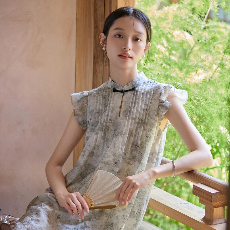 

LEDIN Guofeng Rose Print Flutter Sleeve A-Line Babydoll Dress XS