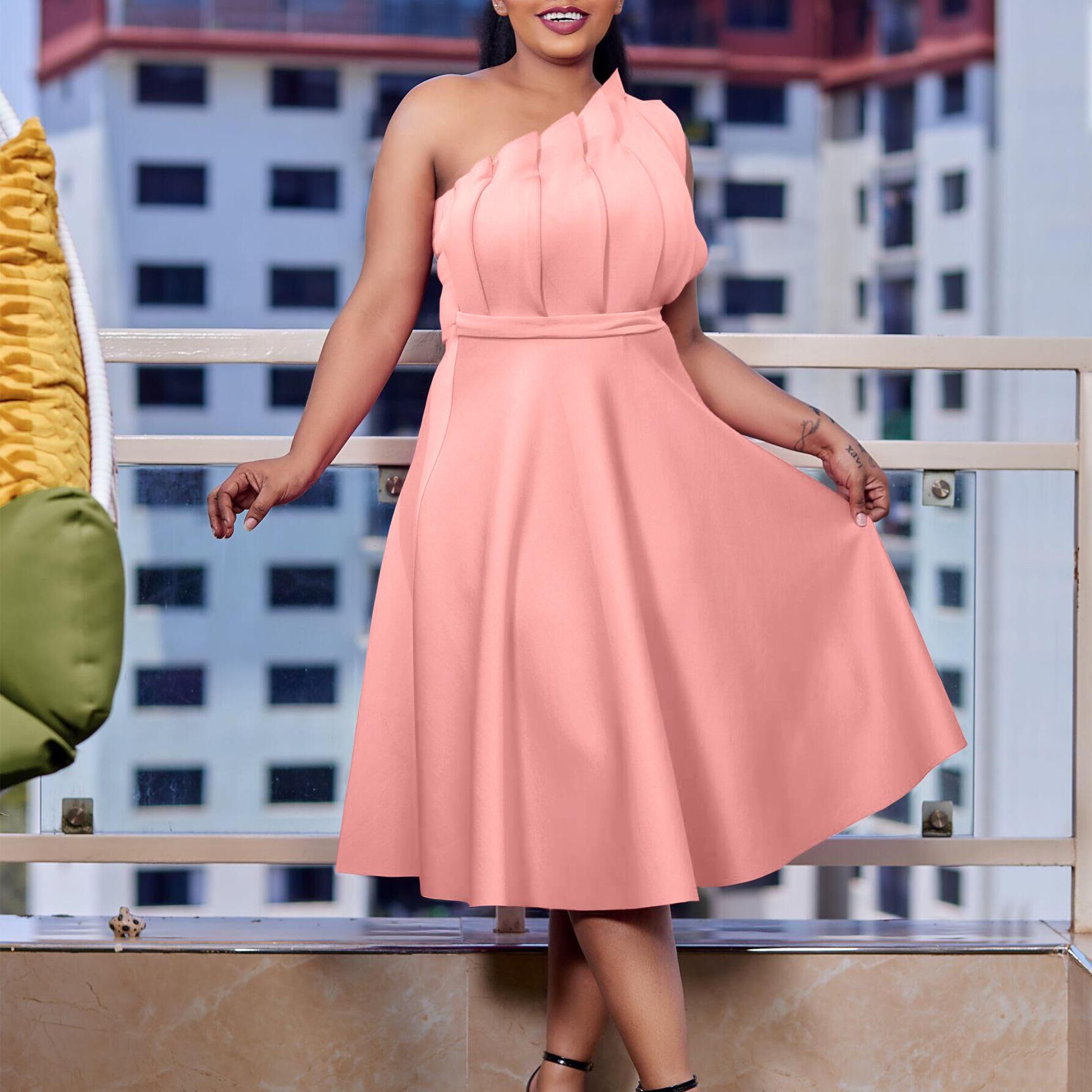 

YYFS Женская мода лето весна однотонный принт без рукавов косой воротник высокая талия повседневные платья XXXL розовый