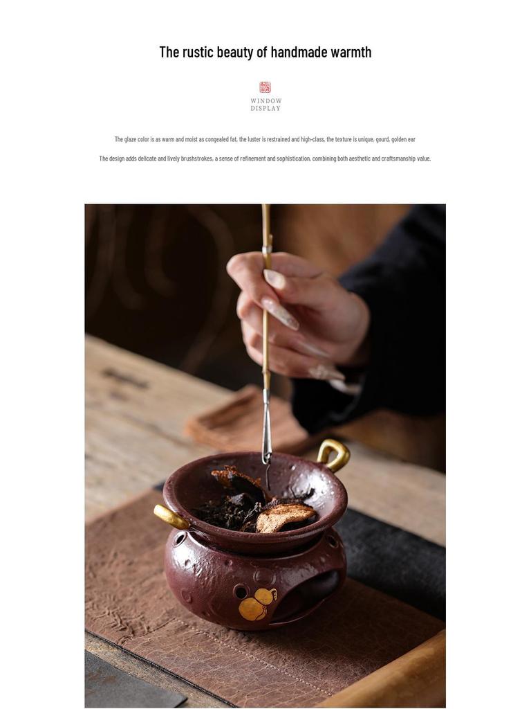 Purple Glaze Fu Lu Round Tea Stove + Triangle Golden Ear Baking Pan Ceramic Stir-Frying Tea Maker Set