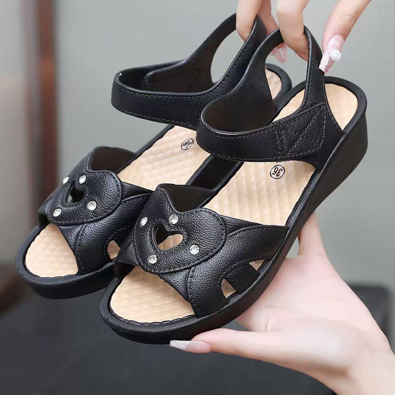 Damen Sandalen mit flachem Absatz für mittleres und älteres Alter Sommer Neu Weiche Sohle Rutschfest Leicht Wasserdicht Klettverschluss Offene Zehenpartie Sandalen