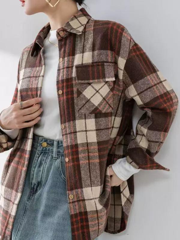 European & American Women's Plaid Long-Sleeve Shirt Jacket - Loose & Casual Fashion (2025)