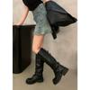 New Style High Quality Luxury Punk Gothic Style Vintage Motorcycles Western Boots for Women Black Rivets Knee High Boots Shoes