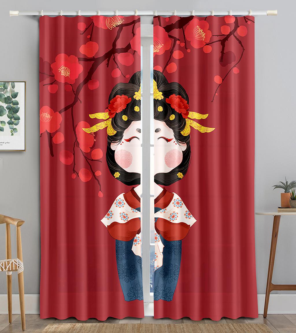 

Chinese Fun Cartoon Maid TraditionalOpera Light Blocking Window Area Window Covering Living Living Space Bed Chamber Bathing Room Cooking Room Door W50 X H130(CM)X2&Hook