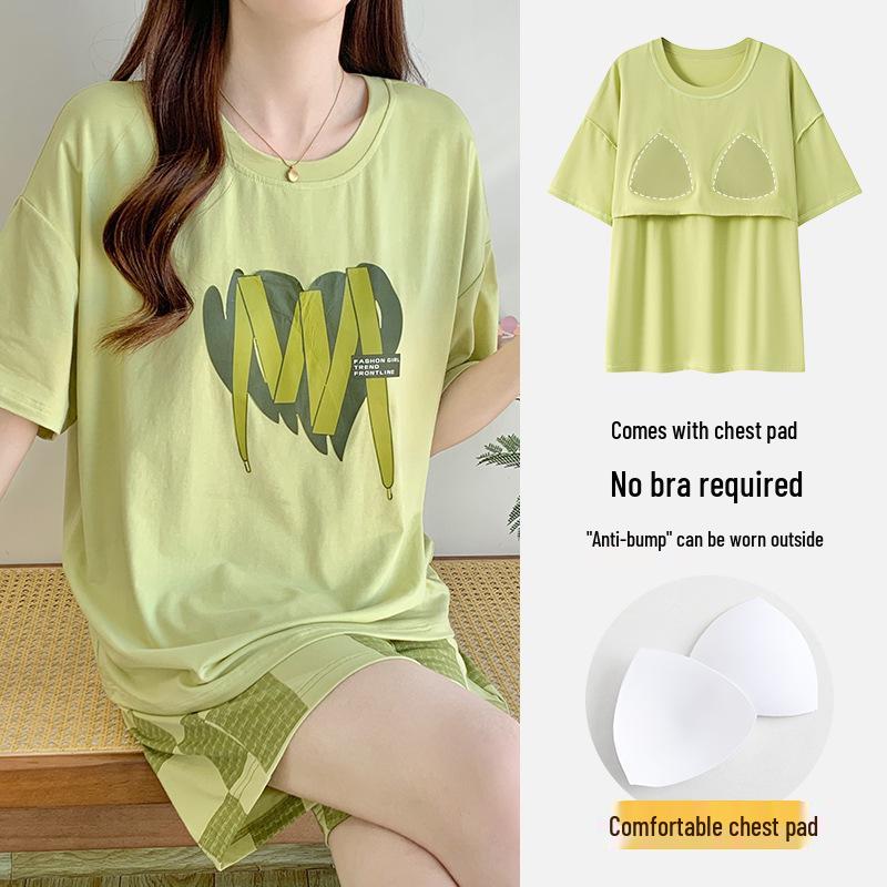 Women's Summer Modal Pajamas: Short Sleeve, Thin Style, with Chest Pads, Round Neck – Sweet Student Homewear