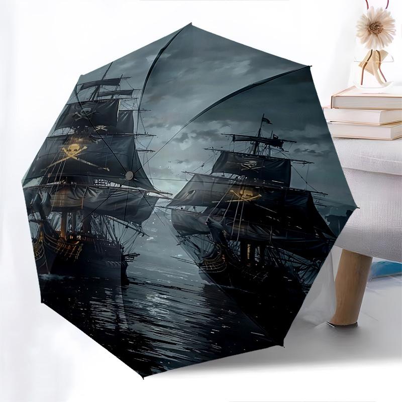 Pirate ships, Dark ocean Themed Automatic Opening and Closing Umbrella, Brightly Colored 8 rib Portable Umbrella, Suitable for Men and Women