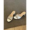 Retro bow high-heeled woven one-word cool slippers open-toed thick-heeled French temperament slippers outer wear