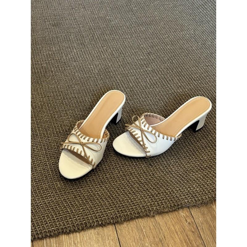 Retro bow high-heeled woven one-word cool slippers open-toed thick-heeled French temperament slippers outer wear
