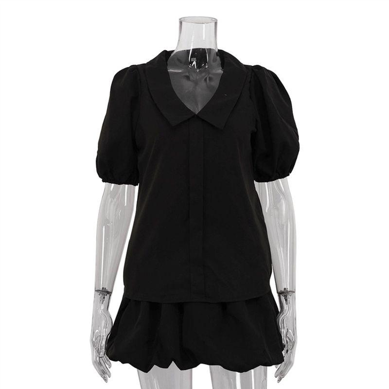 

Hepburn Style New Puff sleeve Top High Waist Pettiskirt Two-piece Set Bubble Sleeve Skirt Set Black L