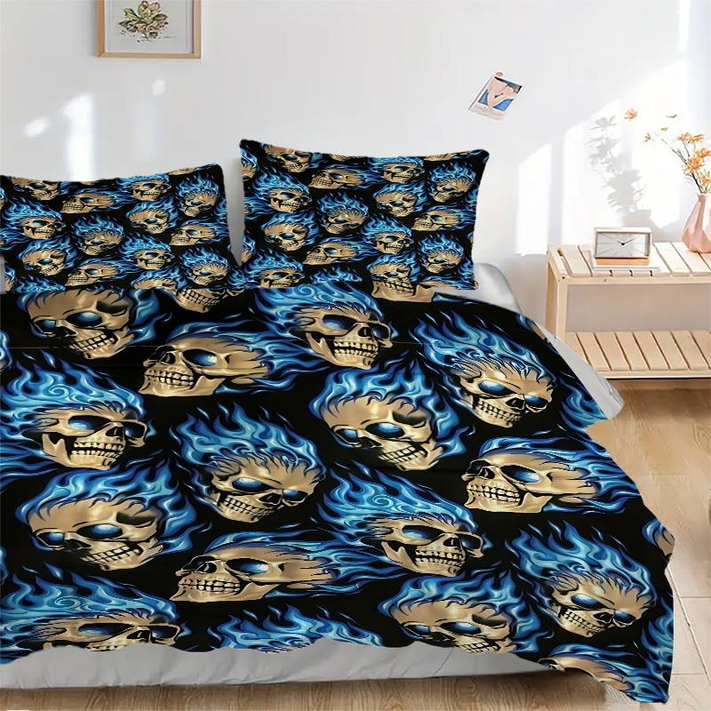 3pcs Bedding Set Flame Skulls Includes 1 Comforter + 2 Pillowcases, Without Pillow Inserts, Soft Comfortable,a0909082