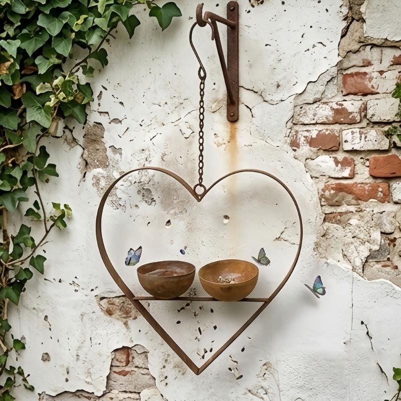 Garden Bird Feeder Hanging Piece With Heart Frame Metal Frame, Two Bowls for Water and Bird Food on Porch Balcony Walls and Tree Posts