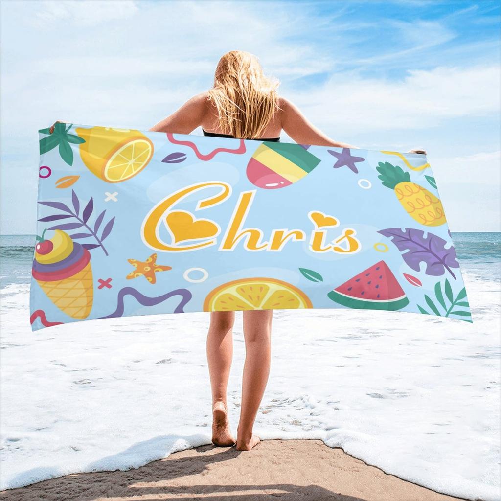 Custom Name Beach Towel Personalized Seaside Summer Beach Print Bath Towel for Kids Women Men Bath Towels for Travel Camp Swim