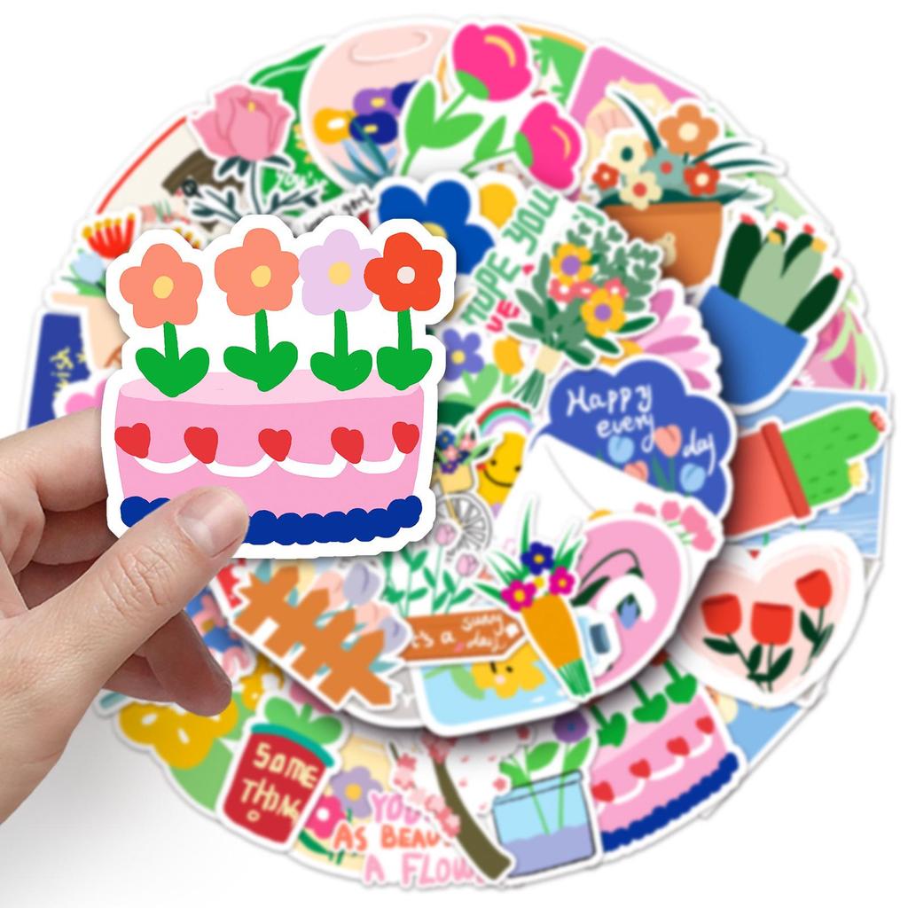 50 Sheets of Waterproof Hand-Painted Cartoon Flower Stickers for Kids' Journals - Guka Small Gifts