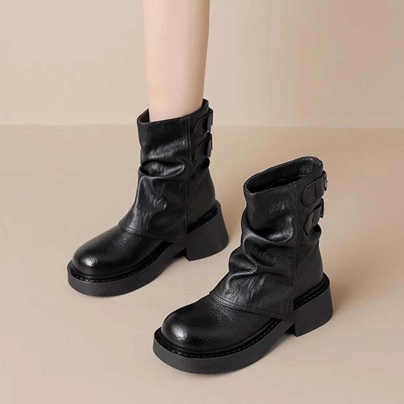 New Women's Platform Ankle Boots - Buckle Detail Retro Chunky Heel Booties,Fall/Winter Fashion Low-Cut Boots