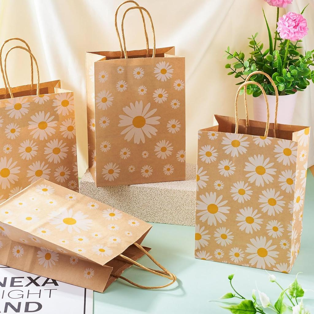 Cheriswelry 12Pcs Kraft Paper Bags Daisy Flower Paper Gift Bags Brown Shopping Bags with Handles 20.1x14.8x0.2cm for Wedding Party Favors Packaging