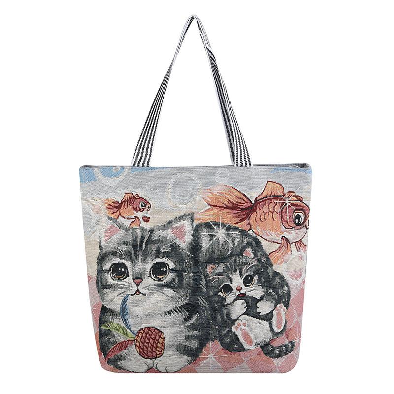 Cat Canvas Tote Bag With Embroidery For Casual Travel And Shopping