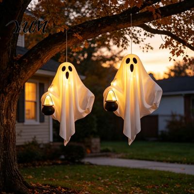 Glowing Gauze Ghost Figures Halloween Hanging with LED Lights, Spooky White Ornament, Tree Accessories Flexible for Outdoor Garden Porch And