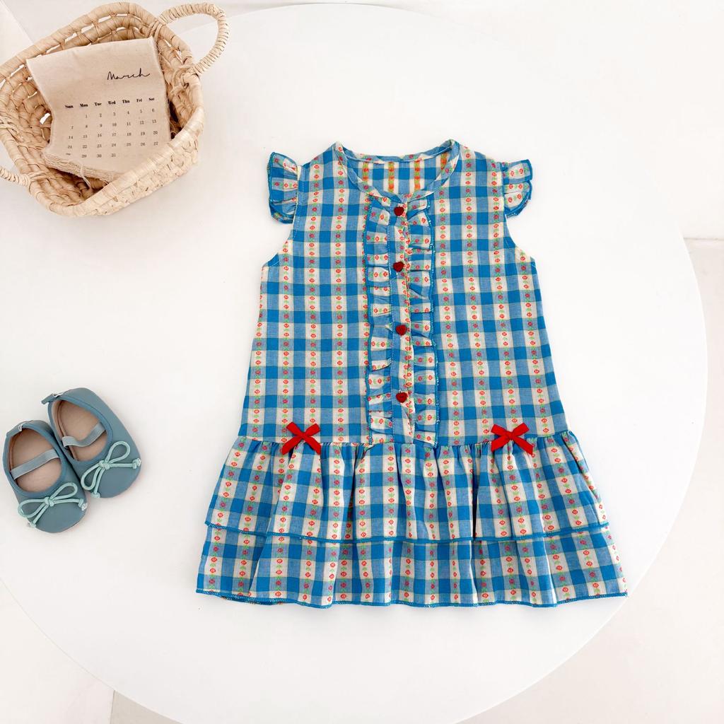 Girls Summer Dress Fresh Plaid Block Thin Fabric Flutter Sleeve Casual Party Dress For Kids
