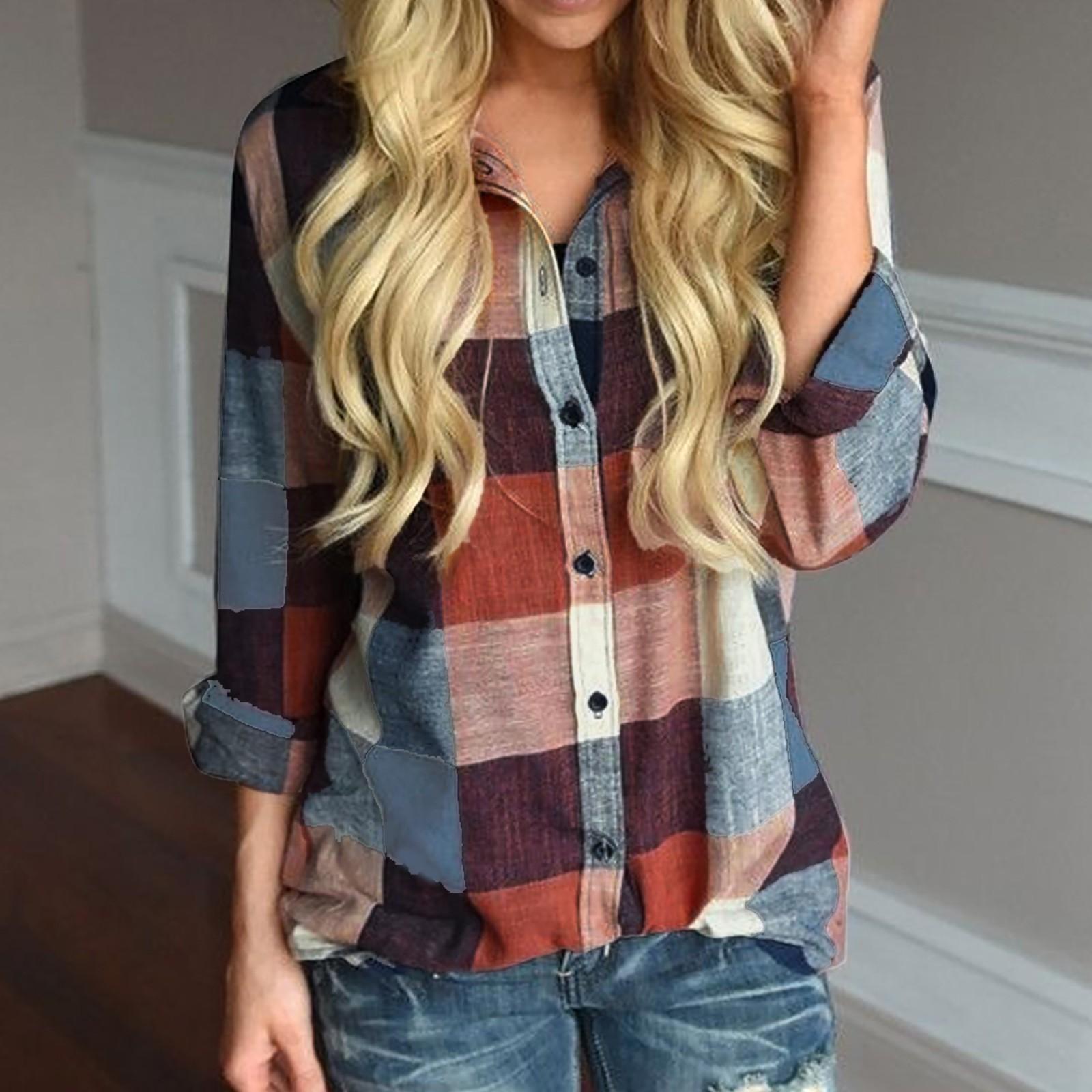 

Ramidos Женская повседневная свободная клетчатая рубашка на пуговицах с длинными рукавами одинакового цвета, блузка, топ L