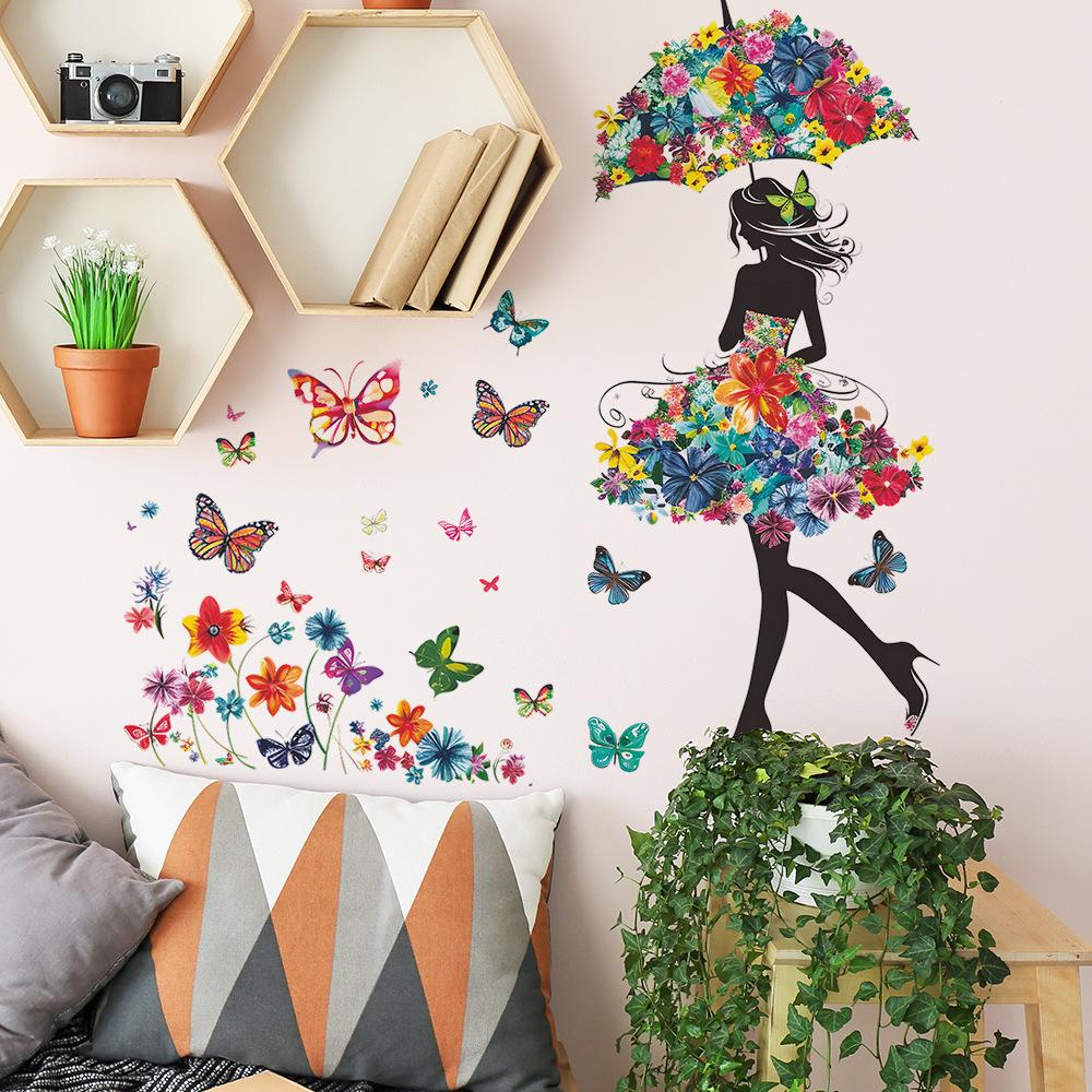 Butterfly Wall Stickers with Girl Silhouette Creative Home Decor for Bedroom Living Room Hallway Background Wall Art Decal