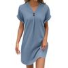Women's Fashion V-neck Solid Color Pullover Casual Button Dress