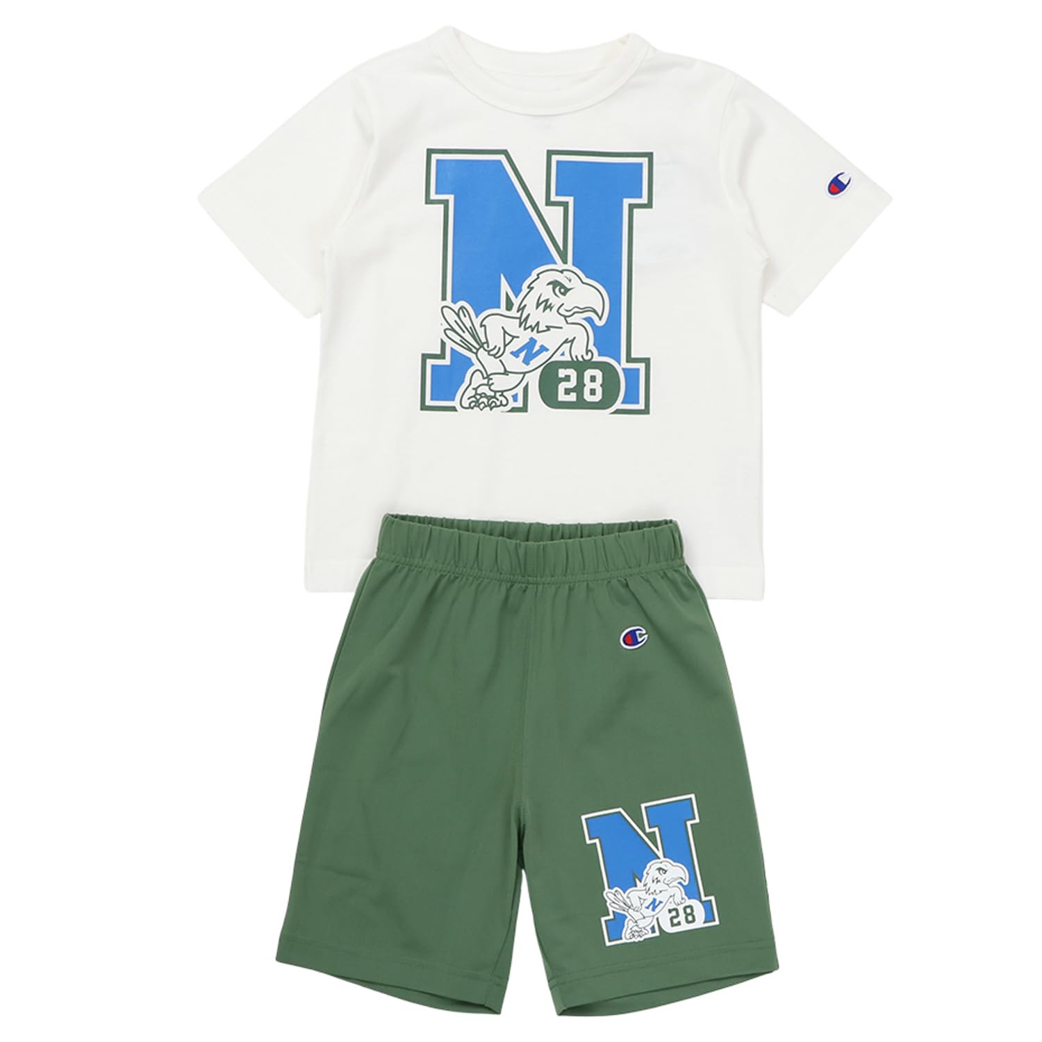 

Champion Детский комплект с коротким рукавом, круглым вырезом, свободного кроя, с графическим принтом, шорты, для мальчиков, 120, футболка и комплект, повседневный, CK-ZW01, белый, белый