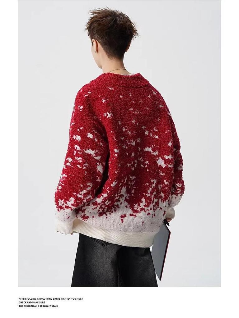 Men's Trendy Red Gradient Snowflake Sweater - Loose Fit, Casual Round Neck, Long Sleeve, Color Block Knitted Top